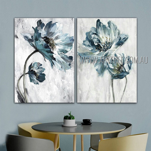 Four Blossoms Abstract Floral Modern Artist Handmade 2 Piece Multi Panel Painting Wall Art Set For Room Drape