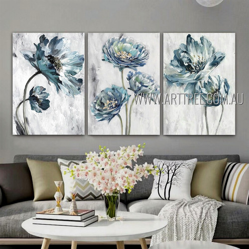 Blue Petal Flowers Abstract Floral Modern Artist Handmade 3 Piece Multi Panel Canvas Painting Wall Art Set For Room Decor
