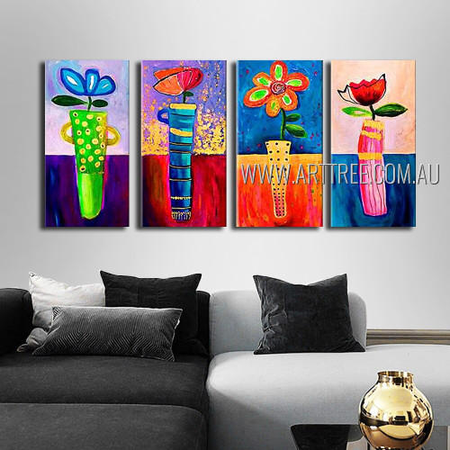 Multicolor Flowers Abstract Floral Modern Heavy Texture Artist Handmade 4 Piece Multi Panel Canvas Painting For Room Drape