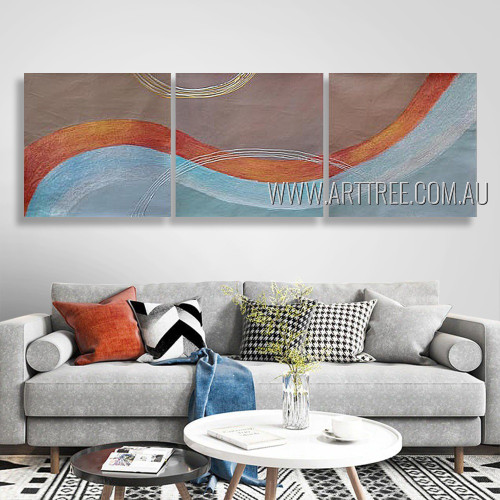 Curved Line Maculas Abstract Modern Heavy Texture Artist Handmade 3 Piece Multi Panel Canvas Painting Wall Art Set For Room Adornment