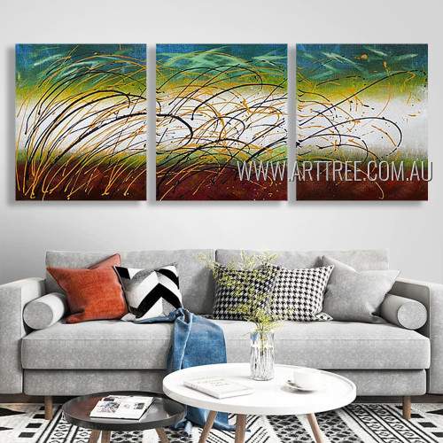 Winding Strokes Abstract Modern Heavy Texture Artist Handmade 3 Piece Split Canvas Paintings Wall Art Set For Room Ornament