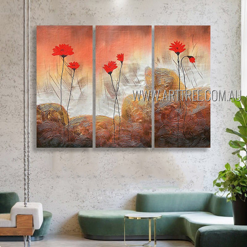 Red Blooms Floral Vintage Heavy Texture Artist Handmade 3 Piece Split Panel Canvas Wall Art Set For Room Décor
