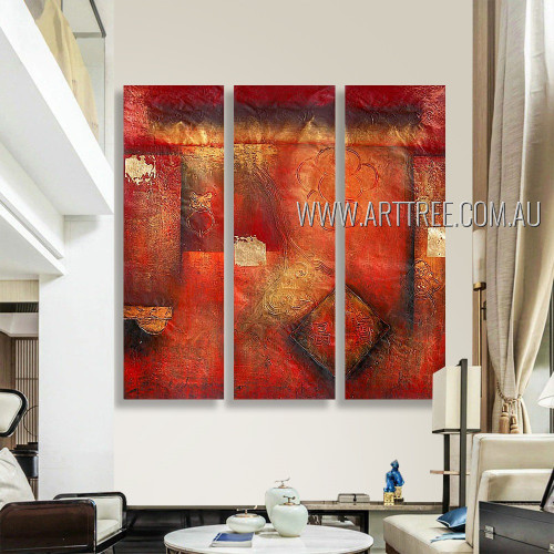 Multicolor Square Design Abstract Vintage Heavy Texture Artist Handmade 3 Piece Split Panel Painting Wall Art Set For Room  Drape