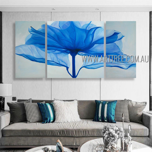 Blue Petal Bloom Floral Modern Heavy Texture Artist Handmade 3 Piece Multi Panel Oil Paintings Wall Art Set Room Decoration