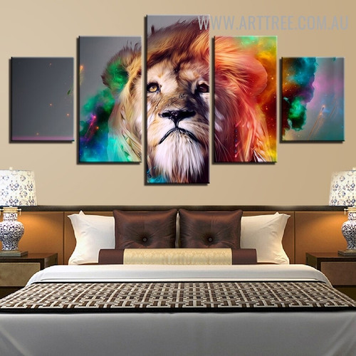 Colourful Lion Animal Modern 5 Piece Multi Panel Image Canvas Painting Print for Room Wall Drape