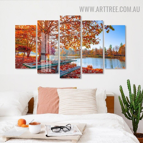 River Trees Water Naturescape Floret 5 Piece Multi Panel Image Modern Canvas Painting Print for Room Wall Outfit