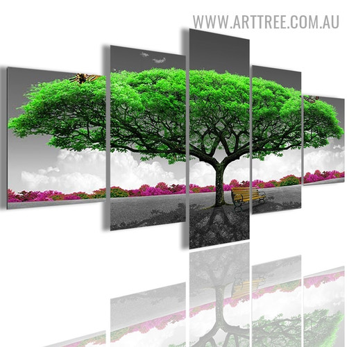 Land Blossom Tree Flowers Landscape Modern 5 Piece Large Size Floral Artwork Image Canvas Print for Room Wall Garniture