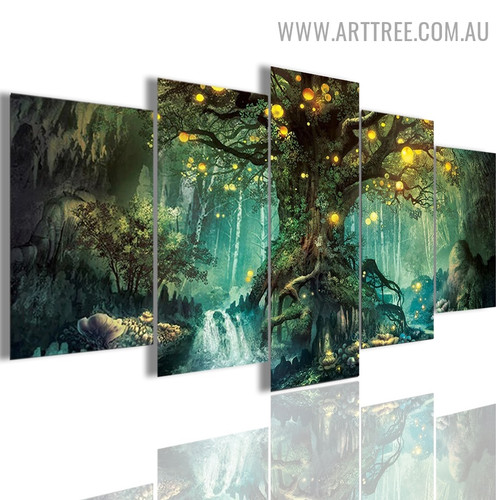 Enchanted Tree Scenery Land Landscape Modern 5 Piece Multi Panel Image Floret Canvas Painting Print for Room Wall Molding