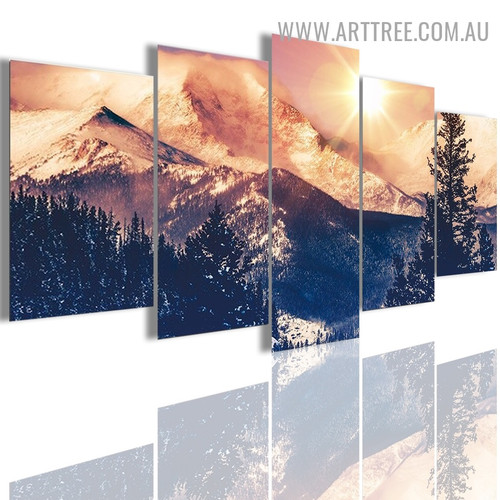 High Mountains Sun Naturescape Floret 5 Piece Multi Panel Image Modern Canvas Painting Print for Room Wall Outfit