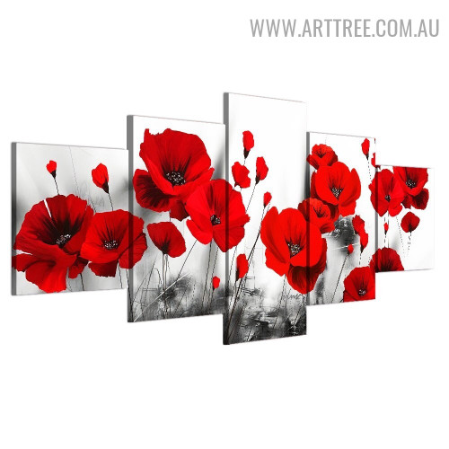 Poppy Daffodils Modern 5 Piece Floret Size Over Art Image Canvas Print for Room Wall Decor