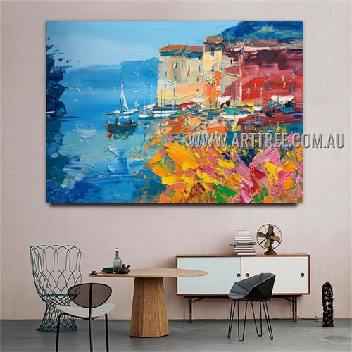 Seacoast Boats Landscape Abstract Heavy Texture Artist Handmade Modern Wall Art Painting for Room Adorn