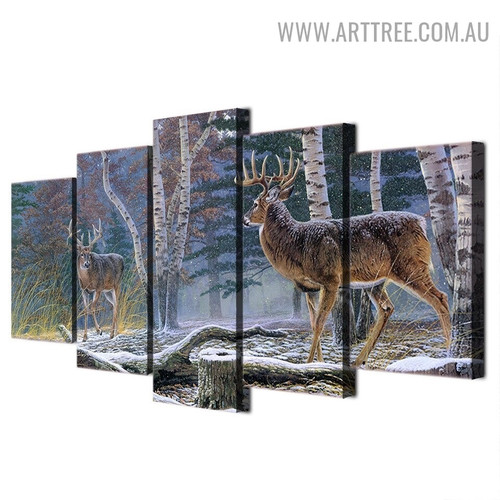 Antelope Trees Animal Modern 5 Piece Over Size Naturescape Artwork Image Canvas Print for Room Wall Assortment