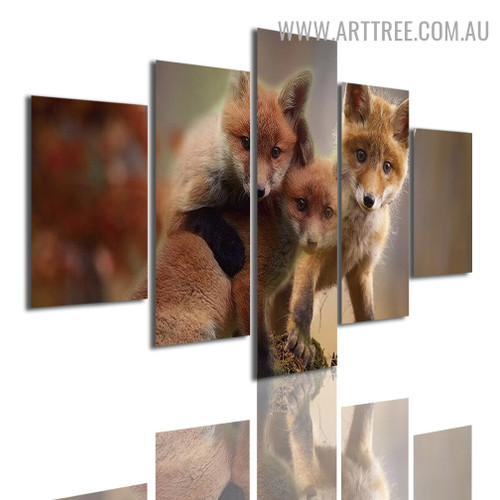 Foxes Modern 5 Piece Animal Multi Panel Image Canvas Painting Print for Room Wall Illumination