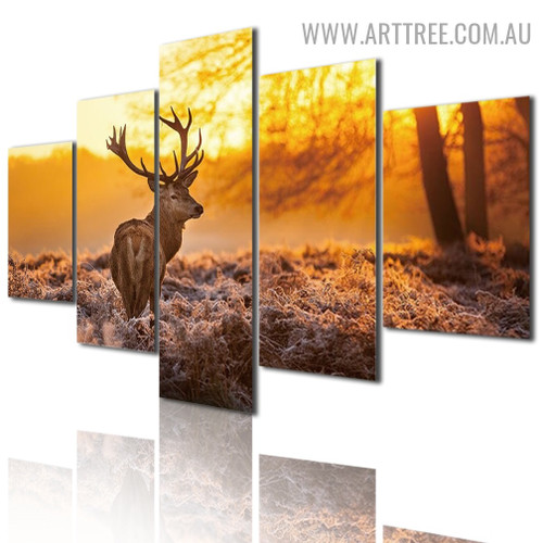 Swamp Deer Modern 5 Piece Over Size Floral Animal Artwork Image Canvas Print for Room Wall Disposition