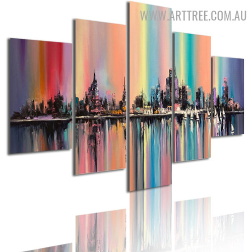 Blob Buildings Ships Modern Landscape Abstract 5 Multi Panel Image Canvas Art Print for Room Wall Ornament