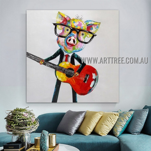 Guitar Holding Pig Animal Heavy Texture Artist Handmade Contemporary Art Painting for Room Garnish