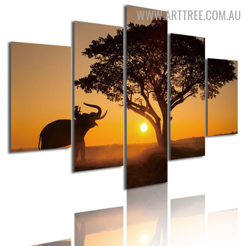 Elephant Sapling Land Modern Landscape 5 Multi Panel Animal Artwork Image Canvas Print for Room Wall Garniture