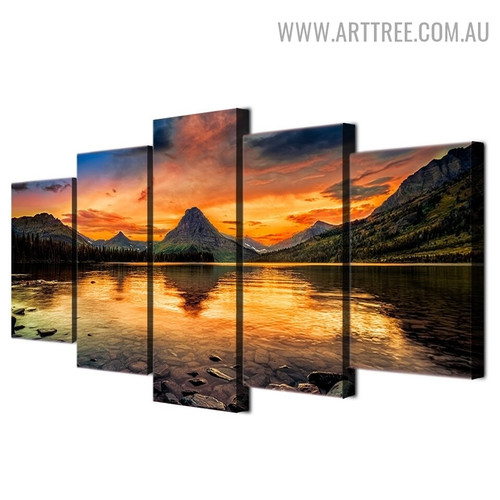 Sunset Lake View Mountain Modern 5 Piece Large Size Floral Naturescape Artwork Image Canvas Print for Room Wall Flourish