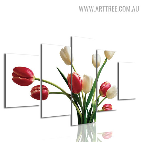 Tulip Flower Floral Modern 5 Piece Split Painting Image Canvas Print for Room Wall Molding
