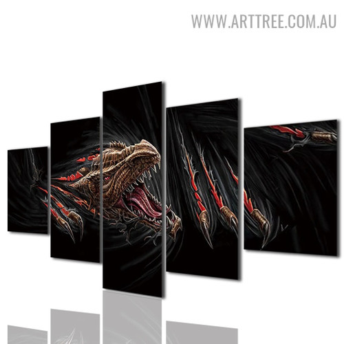 Dragon Modern Animal 5 Piece Abstract Split Painting Image Canvas Print for Room Wall Onlay