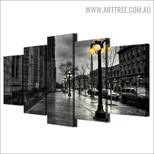 City Buildings Runway 5 Piece Modern Landscape Over Size Image Canvas Painting Print for Room Wall Drape