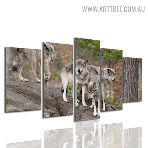 Wild Wolves Trees Animal Modern 5 Piece Landscape Split Art Image Canvas Print for Room Wall Finery