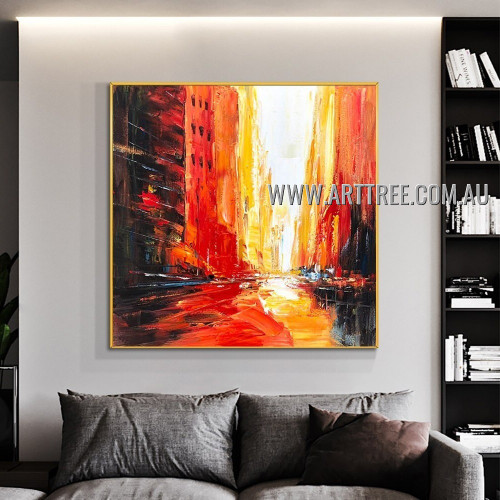 Chequered Edifices City Architecture Modern Heavy Texture Artist Handmade Abstract Art Painting for Room Ornament