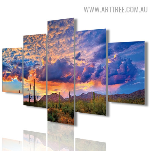 Cactus Land Sky Landscape Floral Modern 5 Piece Large Size Artwork Photo Canvas Print for Room Wall Adornment