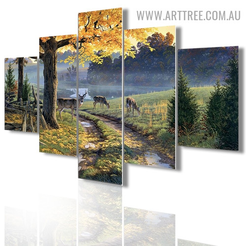 Forest Deer Trees Landscape Animal Modern 5 Piece Large Canvas Wall Art Image Canvas Print for Room Finery