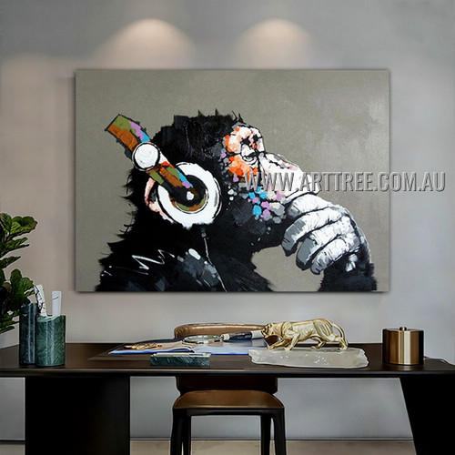 Monkey with Headphone Modern Heavy Texture Artist Handmade Animal Wall Art Painting for Room Flourish