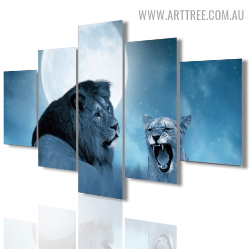 Lion Moon Modern Animal 5 Piece Multi Panel Naturescape Image Canvas Painting Print for Room Wall Getup