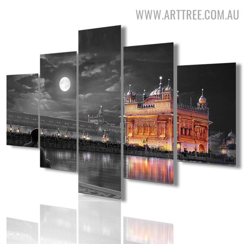 Golden Temple People Landscape Modern 5 Piece Large Size Figure Artwork Image Canvas Print for Room Wall Garnish