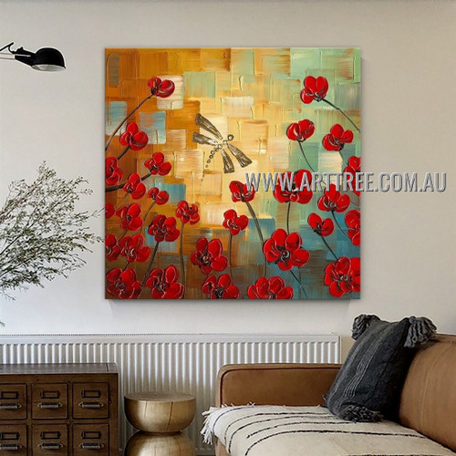 Dragonfly Floral Animal Artist Handmade Heavy Texture Modern Painting for Room Ornament