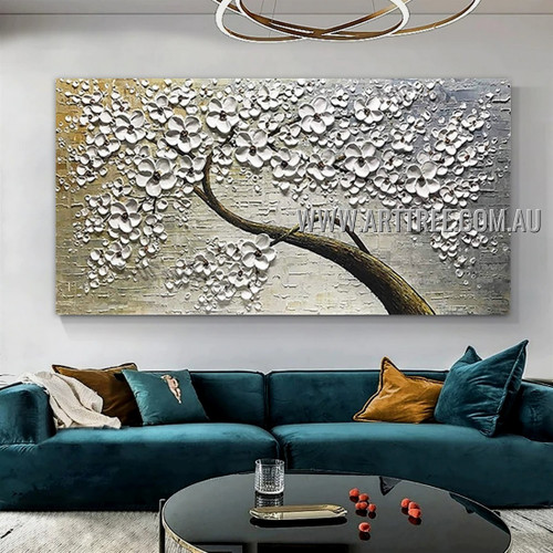 White Blooms Arbor Floral Abstract Heavy Texture Artist Handmade Modern Wall Art Painting