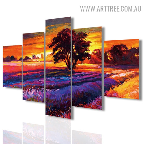 Colourful Field Plants Landscape Floral Modern 5 Piece Split Painting Image Canvas Print for Room Wall Onlay