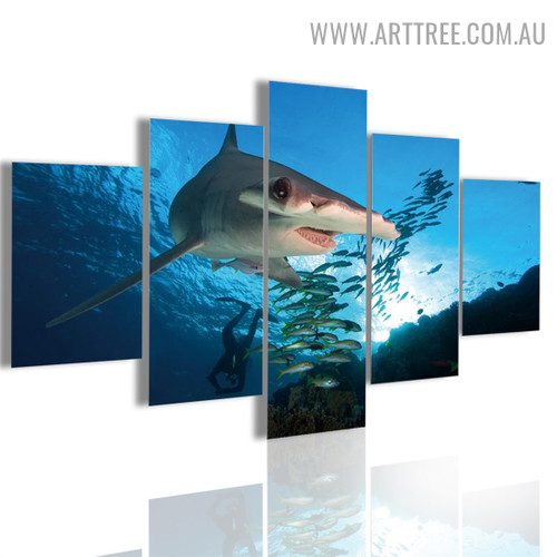 Hammerhead Shark Fishes Plants Seascape Modern 5 Piece Animal Multi Panel Image Canvas Painting Print for Room Wall Illumination