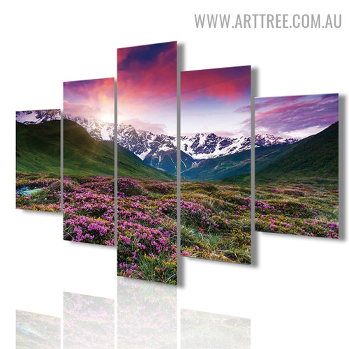 Blossom Mountains Flowers Modern 5 Piece Large Size Floral Landscape Artwork Image Canvas Print for Room Wall Flourish