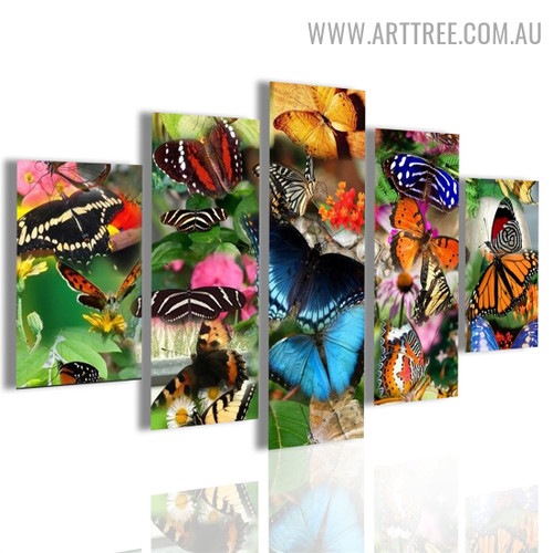 Motley Butterflies Water Modern 5 Piece Multi Panel Image Canvas Animal Floral Painting Print for Room Wall Equipment