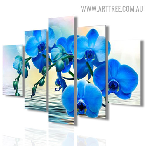 Blue Daffodils Building Modern Floral 5 Piece Large Size Artwork Image Canvas Print for Room Wall Illumination
