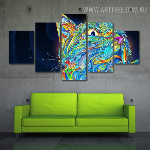 Colorific Cat Abstract Modern 5 Piece Large Size Animal Artwork Image Canvas Print for Room Wall Flourish