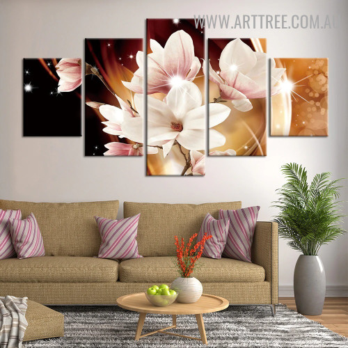 Magnolia Florets Abstract Floral Modern 5 Piece Split Art Image Canvas Print for Room Wall Flourish