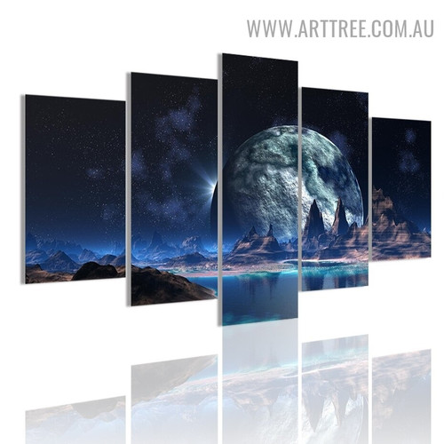 Welkin Planet Lake Naturescape Modern 5 Piece Split Painting Image Floral Canvas Print for Room Wall Decor