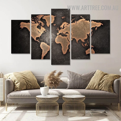 Rustic World Map Abstract Modern 5 Piece Over Size Art Image Canvas Print for Room Wall Assortment