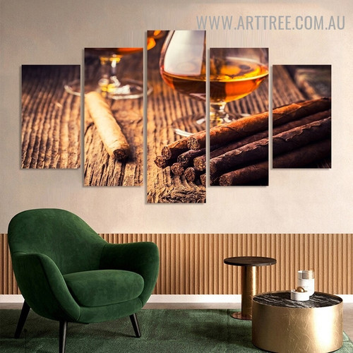 Cuban Cigar Rum Beverage Modern 5 Piece Multi Panel Image Canvas Art Print for Room Wall Decor
