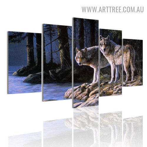 Wild Wolf Trees Naturescape Modern 5 Piece Split Painting Image Animal Canvas Print for Room Wall Decor