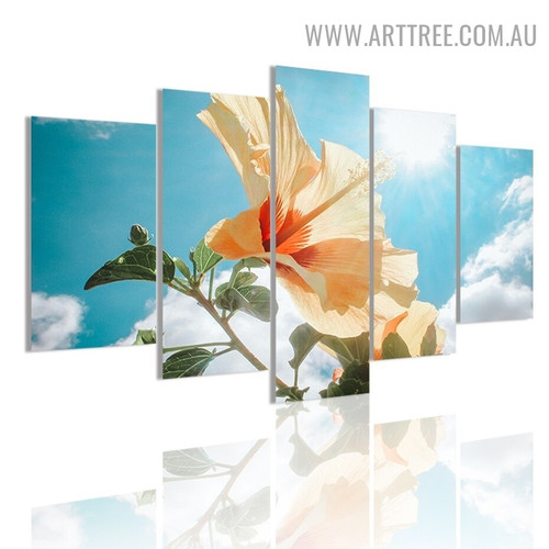 Hibiscus Bloom Leaves Floral Modern 5 Piece Multi Panel Image Canvas Painting Print for Room Wall Adornment