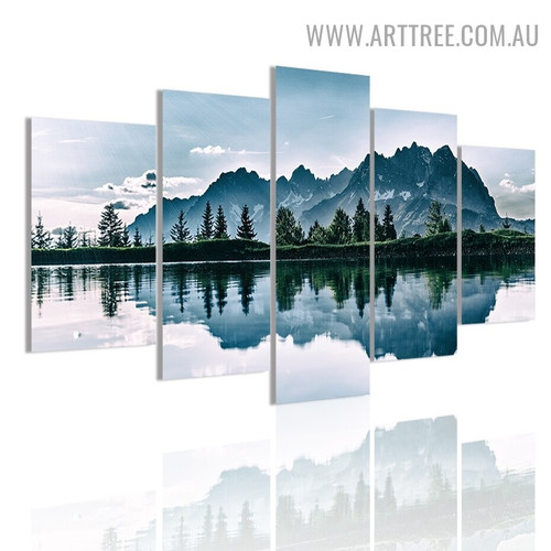 Mountain Reflexion Trees Landscape Modern 5 Piece Multi Panel Image Canvas Painting Print for Room Wall Adornment