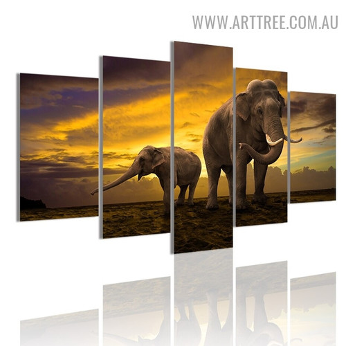 Real Elephant Family Sky Modern 5 Piece Large Size Animal Artwork Image Canvas Print for Room Wall Onlay