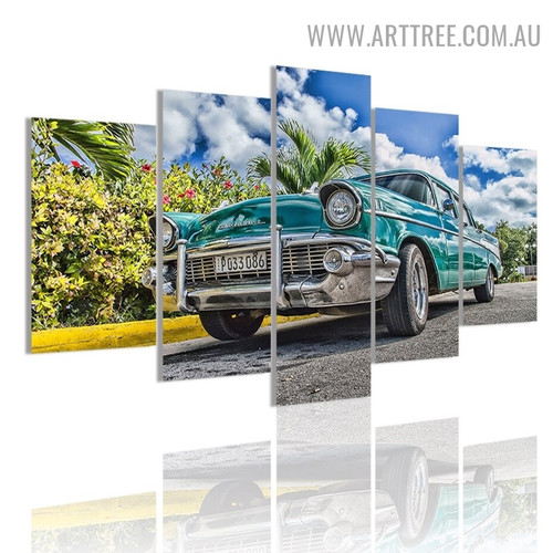 Cuba Car Plants Landscape Modern 5 Piece Split Artwork Image Canvas Print for Room Wall Tracery