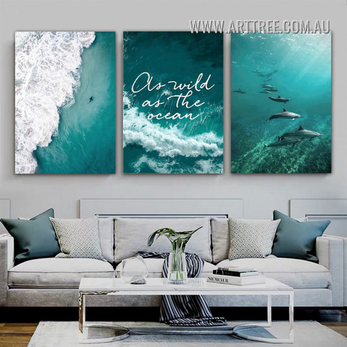 Brine Dolphin Waves Animal Artwork Naturescape Photo Modern 3 Piece Framed Canvas Print for Room Wall Flourish